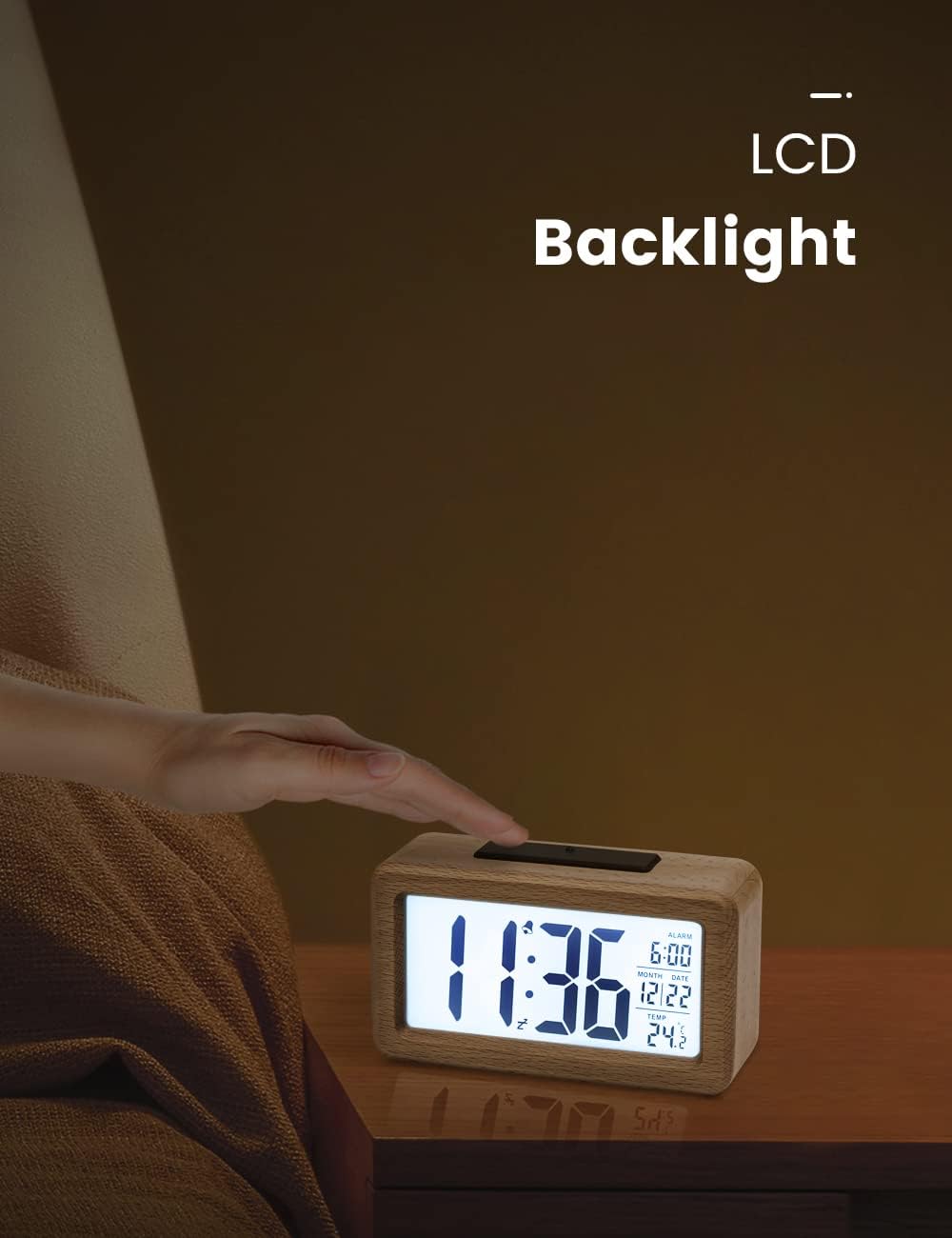 Digital Alarm Clock, Wooden Bedside Clock with Large LCD Backlit Display, Temperature, Snooze Function, Brightness Sensor, 3 AAA Battery Operated【Battery NOT Included】 - OutsideCool