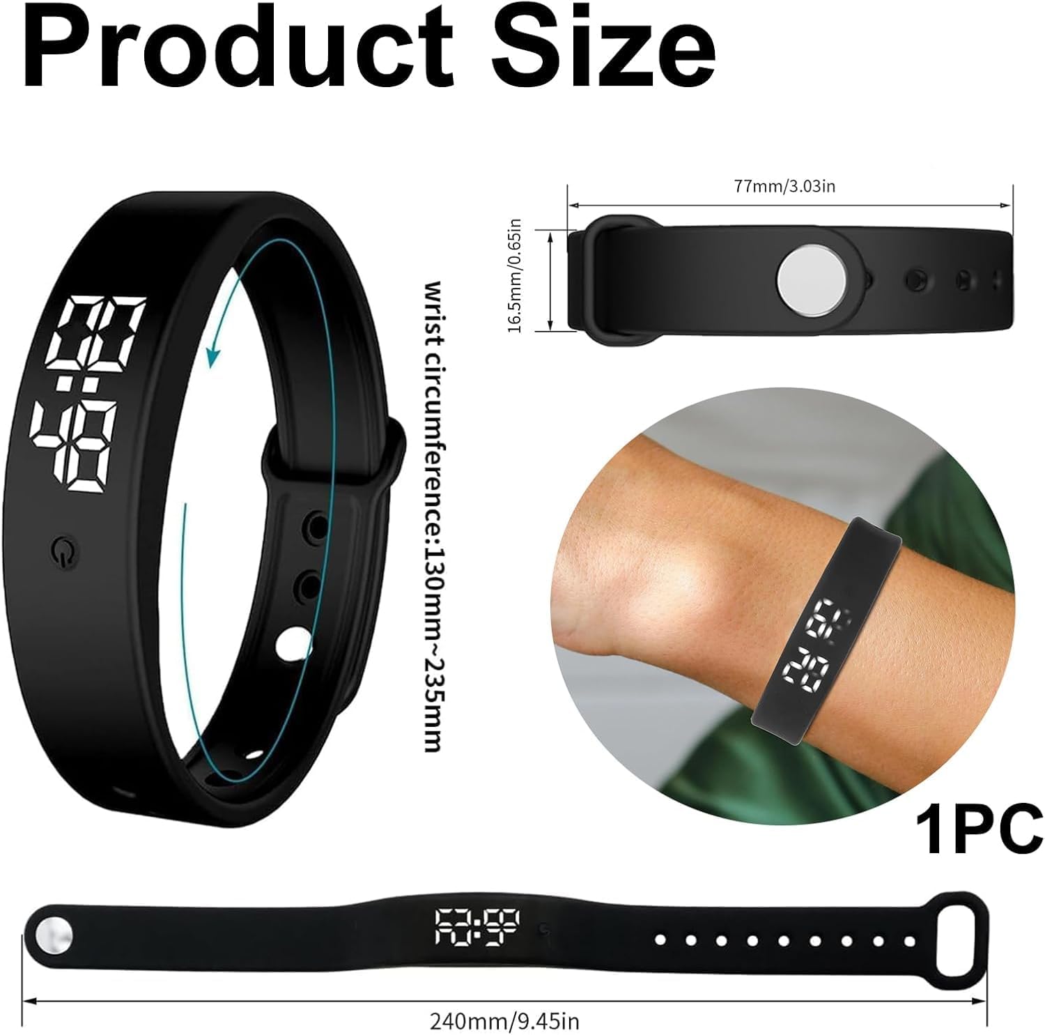 Vibrating Alarm Wristband,Silent Wrist Alarm Watch Potty for Deep Sleepers/Hearing Impaired Daily Reminder, Black - OutsideCool