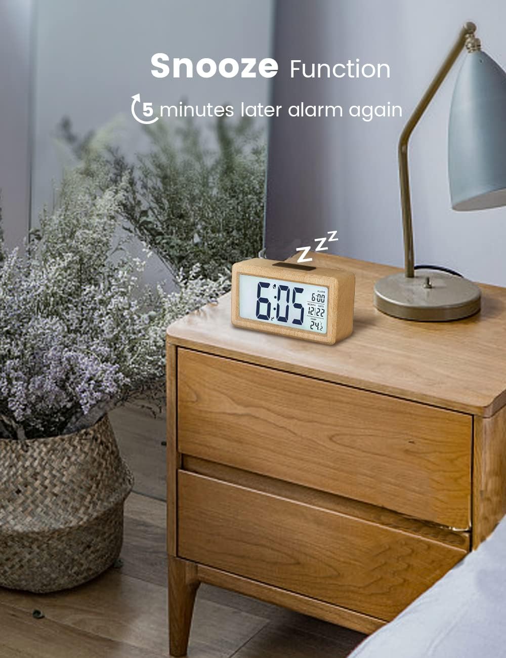 Digital Alarm Clock, Wooden Bedside Clock with Large LCD Backlit Display, Temperature, Snooze Function, Brightness Sensor, 3 AAA Battery Operated【Battery NOT Included】 - OutsideCool