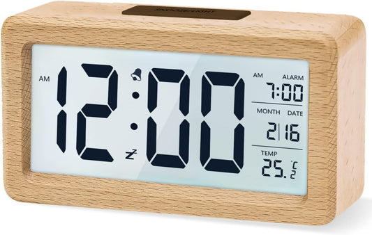 Digital Alarm Clock, Wooden Bedside Clock with Large LCD Backlit Display, Temperature, Snooze Function, Brightness Sensor, 3 AAA Battery Operated【Battery NOT Included】 - OutsideCool