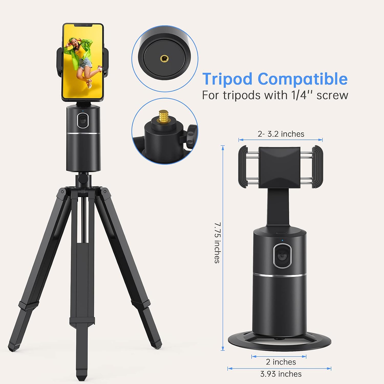 Auto Face Tracking Phone Holder, No App Required, 360° Rotation Face Body Phone Tracking Tripod Smart Shooting Camera Mount for Live Vlog Streaming Video, Rechargeable Battery-Black - OutsideCool