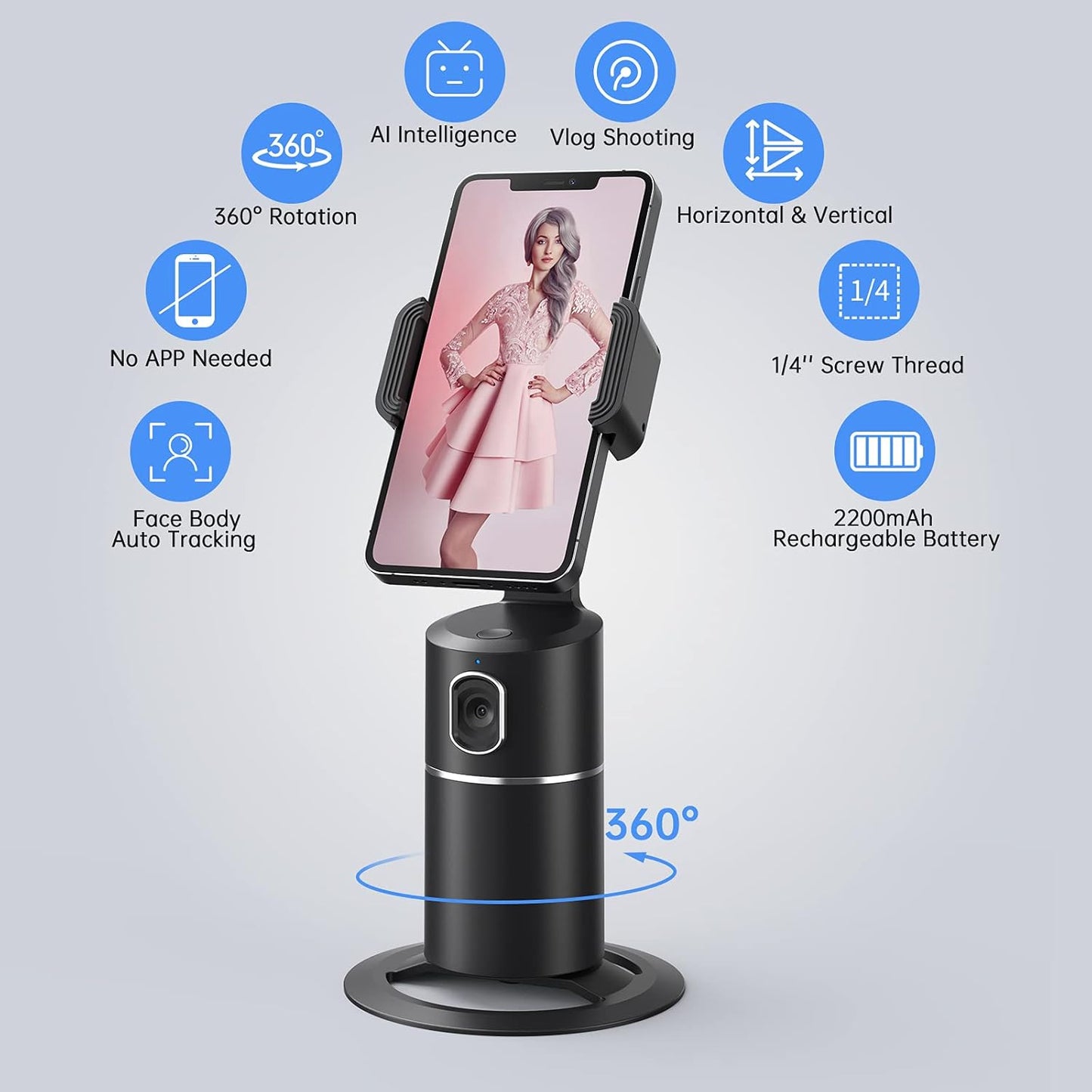 Auto Face Tracking Phone Holder, No App Required, 360° Rotation Face Body Phone Tracking Tripod Smart Shooting Camera Mount for Live Vlog Streaming Video, Rechargeable Battery-Black - OutsideCool