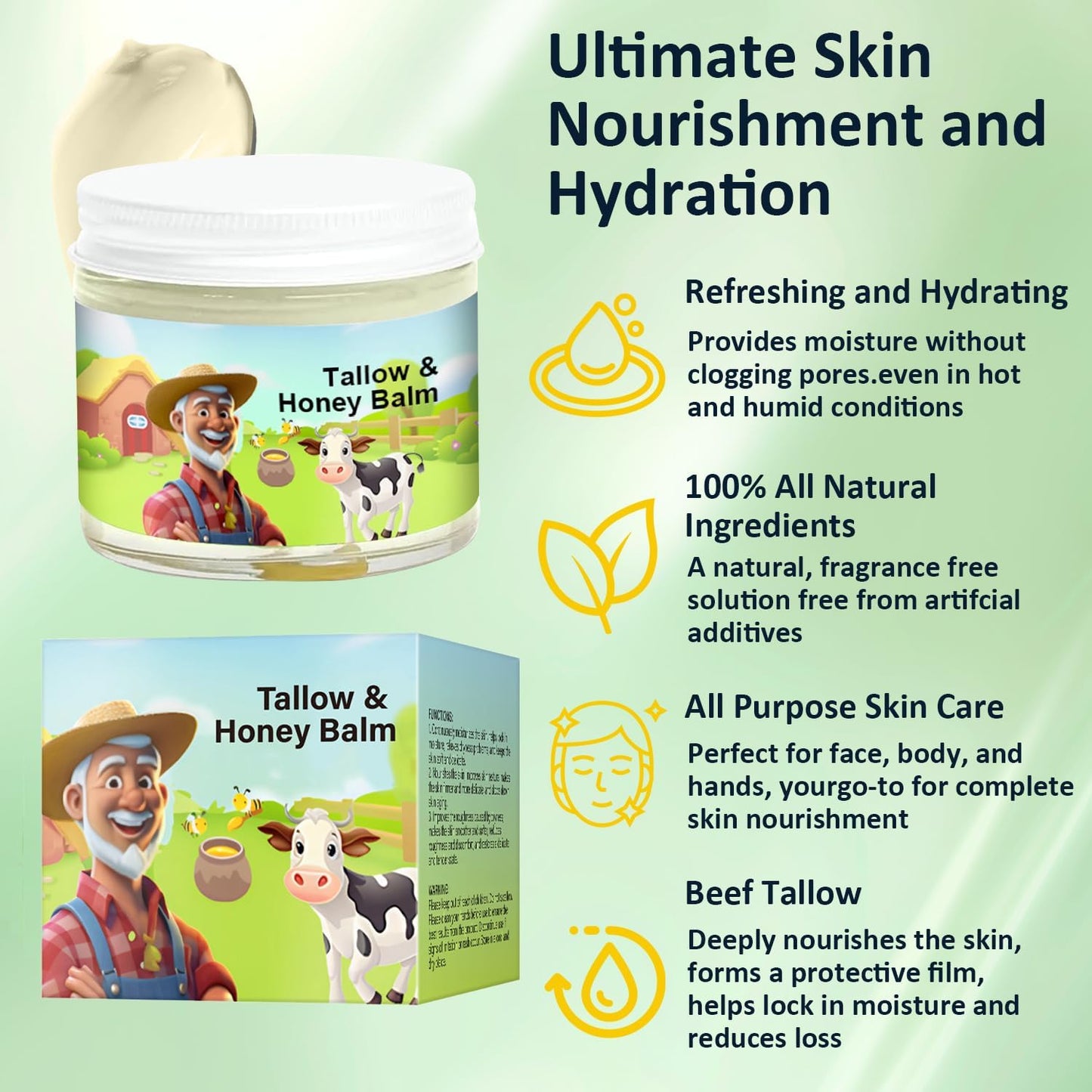 Tallow and Honey Balm, Beef Tallow and Honey Balm, Refreshing and Non Greasy Texture, Deeply Penetrate Skin, Absorbs Quickly for Hydrate Skin, Leaving it Feeling Soft, Supple and Glowing - OutsideCool