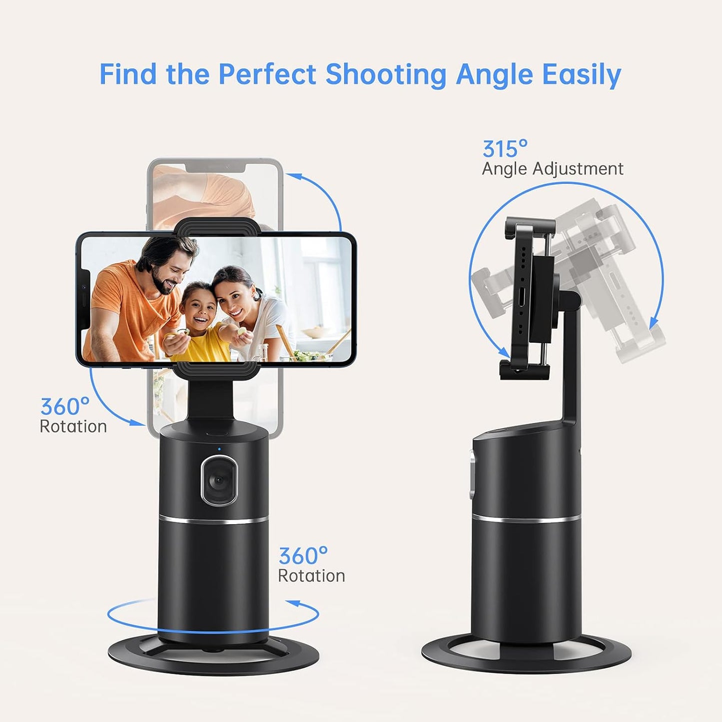 Auto Face Tracking Phone Holder, No App Required, 360° Rotation Face Body Phone Tracking Tripod Smart Shooting Camera Mount for Live Vlog Streaming Video, Rechargeable Battery-Black - OutsideCool