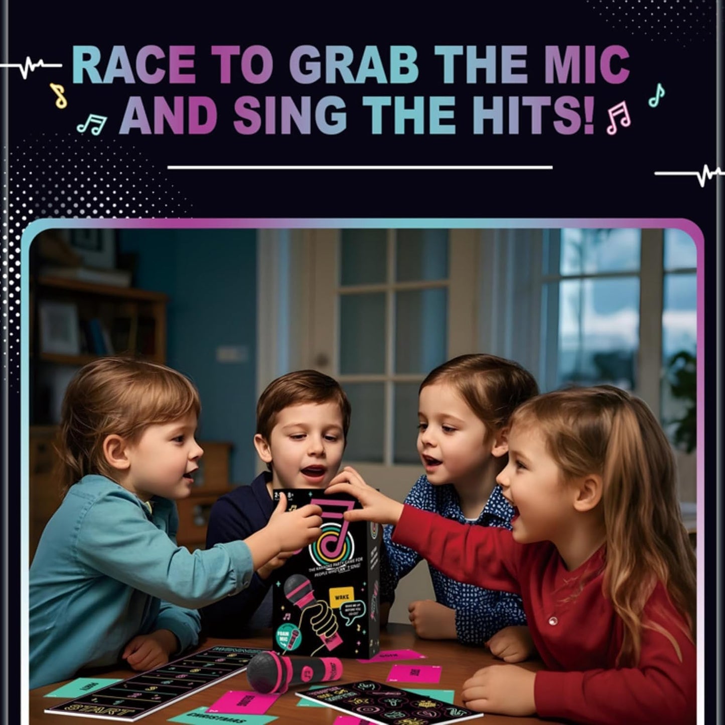 Grab The Mic Game – Family Karaoke Party Games,Fun Games for Adults, 2-10 Players - Board Game for Bad Singers with 250 Lyrics (125 Cards) - OutsideCool