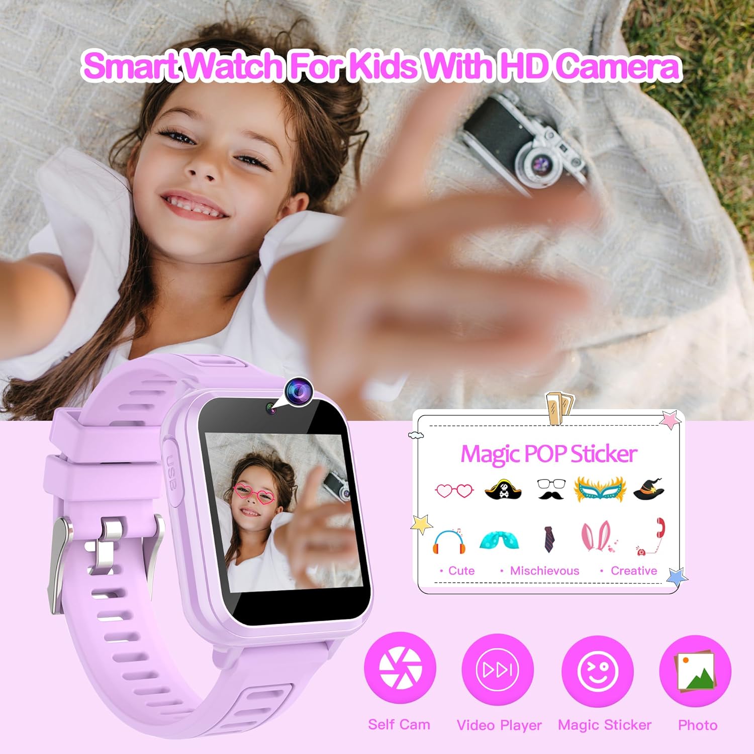 Kids Smart Watch Girls 5-7 8-10 3-5 10-12, Kids Watch with 24 Games, Kids Pedometer Watch with Camera Player Calculator Alarm Calendar Recorder Stopwatch Timer, Cool Kids Toy for Girls - OutsideCool