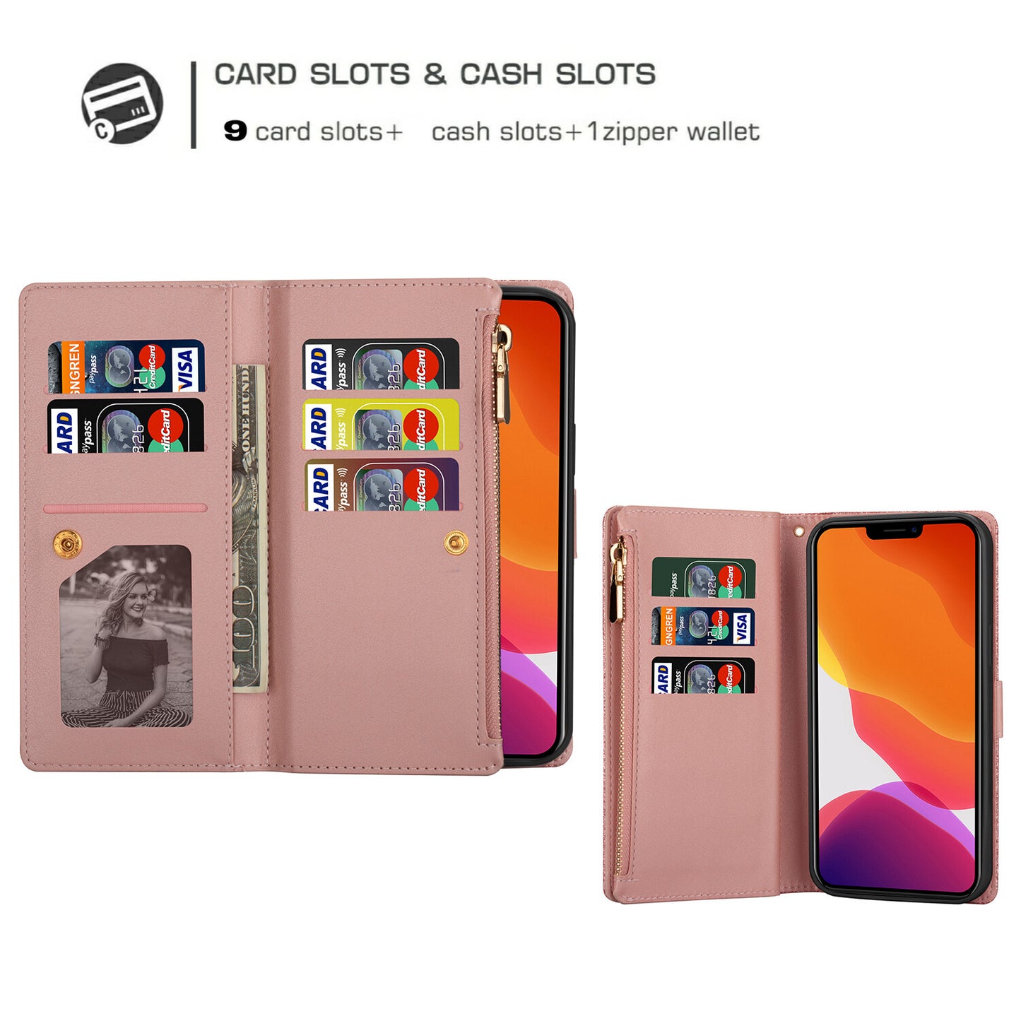 For iPhone 17 16 15 14 13 12 11 Pro Max 8 SE Plus Bling Glitters Zip Wallet Case - OutsideCool