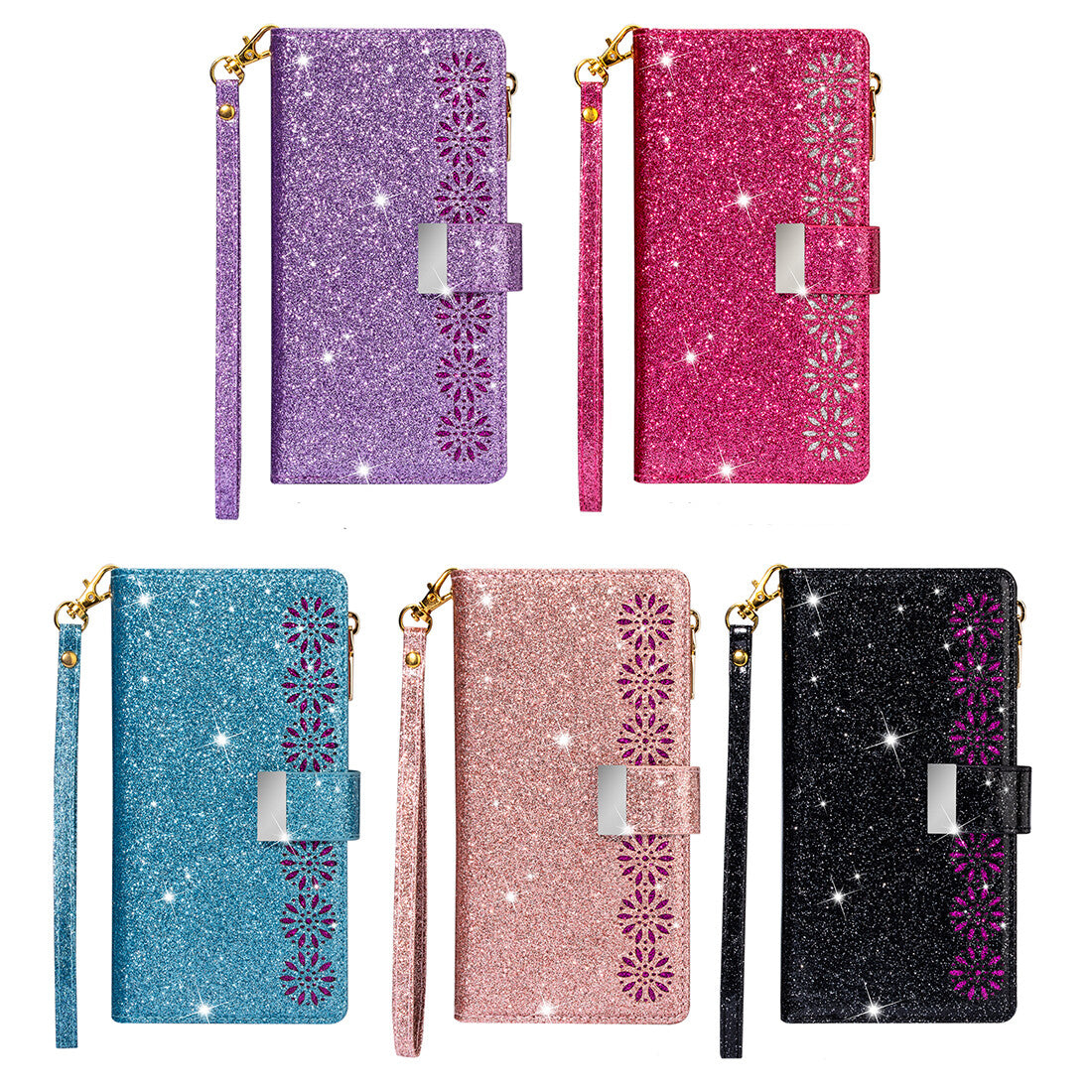 For iPhone 17 16 15 14 13 12 11 Pro Max 8 SE Plus Bling Glitters Zip Wallet Case - OutsideCool
