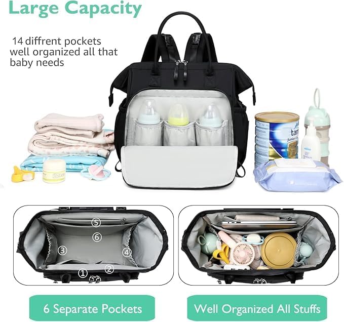 Convertible Diaper Bag Tote, Water-Resistant Diaper Backpack with Anti-theft Pockets and Stroller Clips, Blacksilver, Large, Diaper Bag - OutsideCool