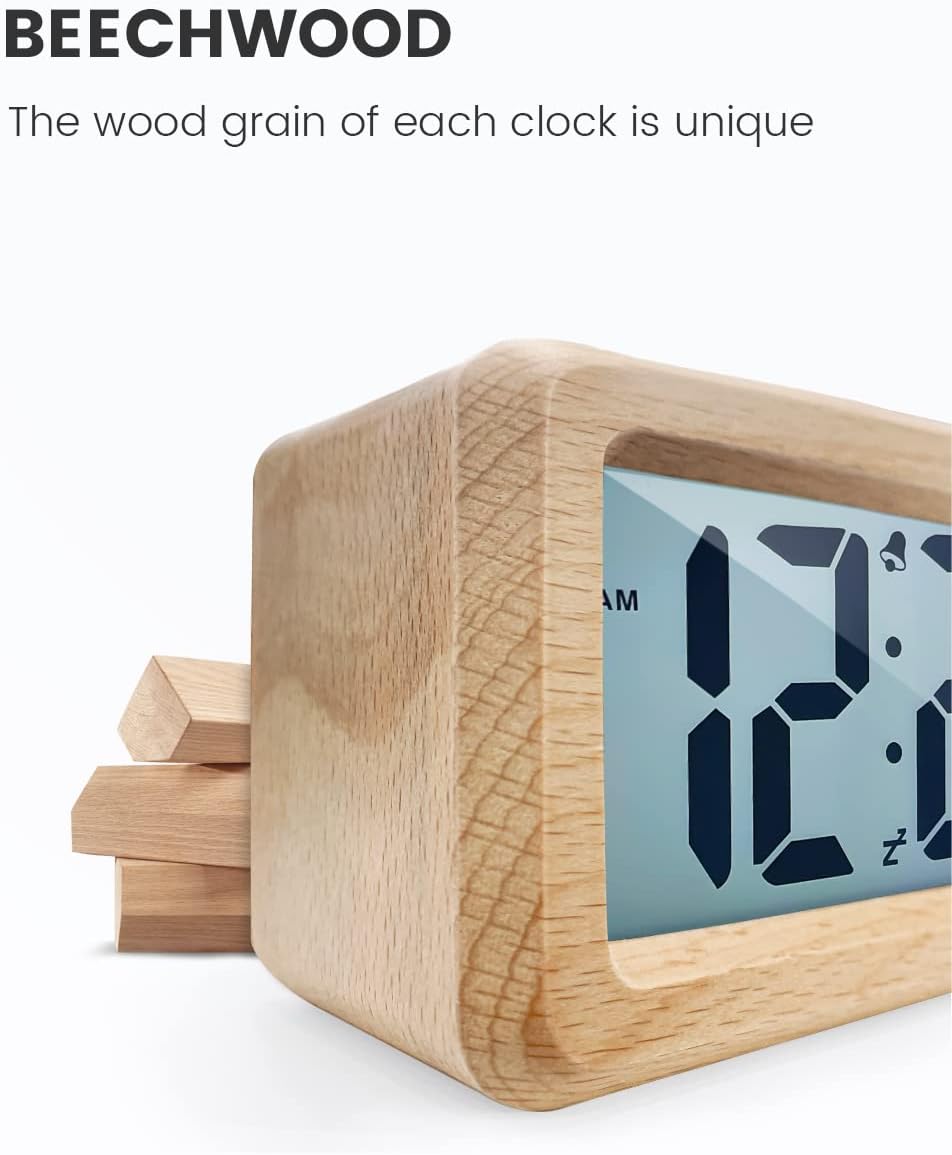 Digital Alarm Clock, Wooden Bedside Clock with Large LCD Backlit Display, Temperature, Snooze Function, Brightness Sensor, 3 AAA Battery Operated【Battery NOT Included】 - OutsideCool