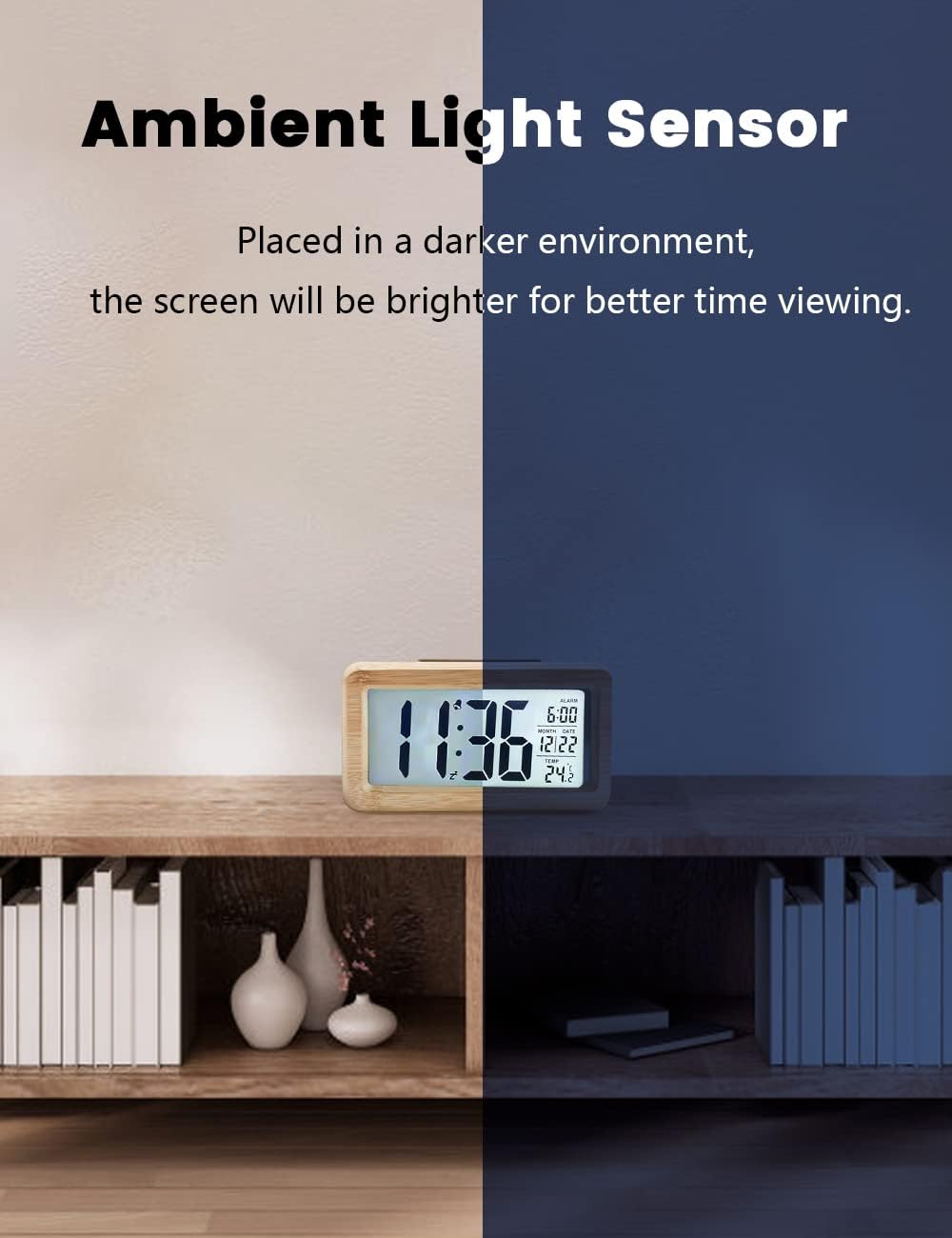 Digital Alarm Clock, Wooden Bedside Clock with Large LCD Backlit Display, Temperature, Snooze Function, Brightness Sensor, 3 AAA Battery Operated【Battery NOT Included】 - OutsideCool