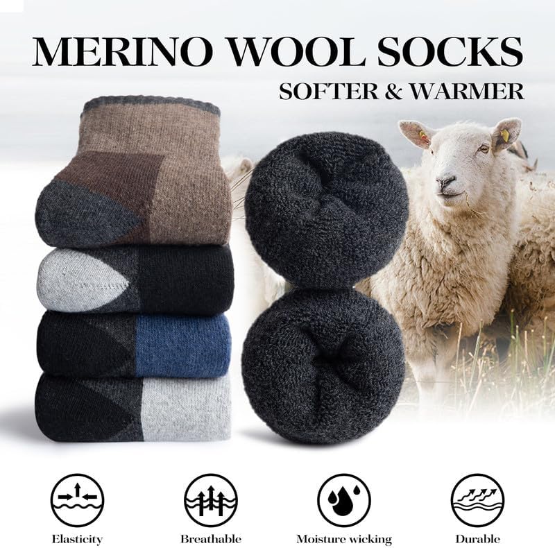 5 Pairs Mens Merino Wool Socks Thick Winter Hiking Socks Thermal Crew Socks - OutsideCool