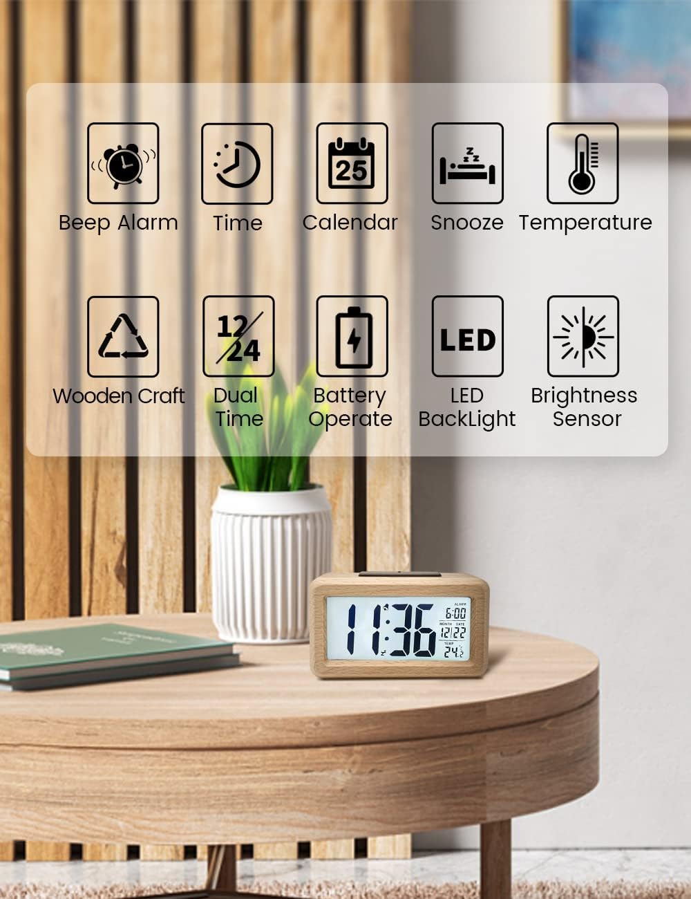 Digital Alarm Clock, Wooden Bedside Clock with Large LCD Backlit Display, Temperature, Snooze Function, Brightness Sensor, 3 AAA Battery Operated【Battery NOT Included】 - OutsideCool