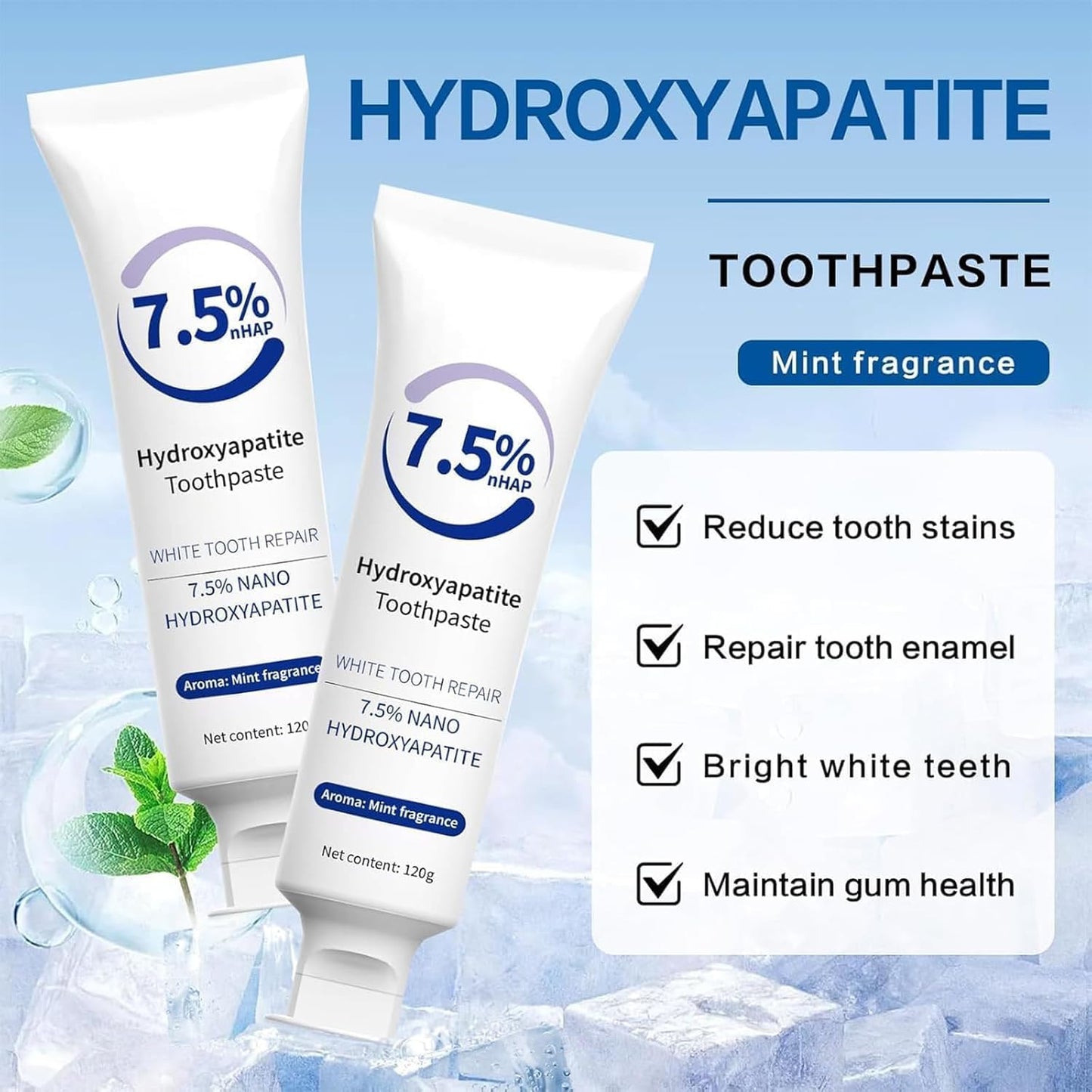 Hydroxyapatite Toothpastes for Enamel Protection and Tooth Strengthening,Whitening Toothpaste,Gentle Mint,Fresh Breath (3pcs) - OutsideCool
