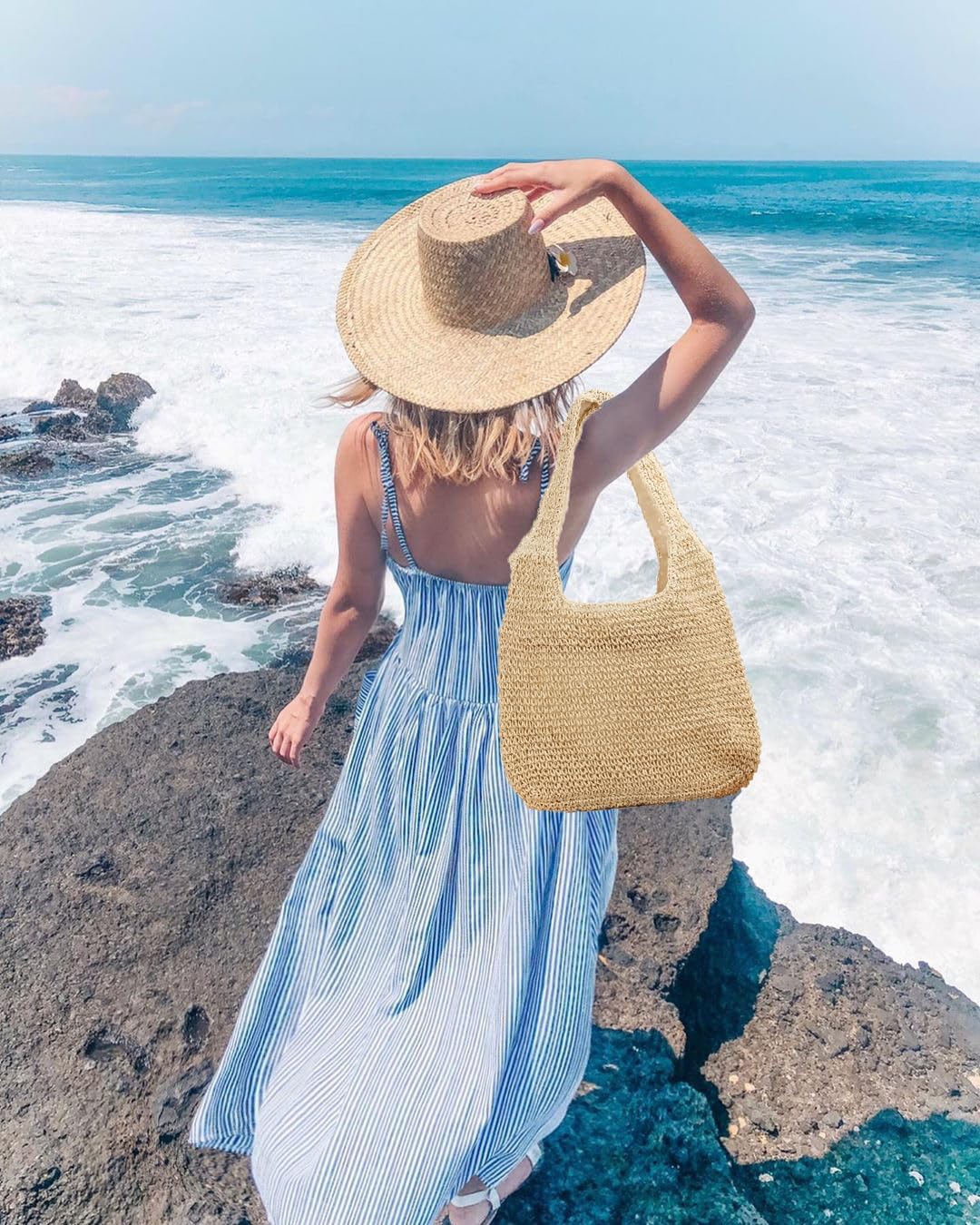 Woven Beach Bags Straw Shoulder Bag Handle Tote Summer Beach Bag Rattan Handbag - OutsideCool