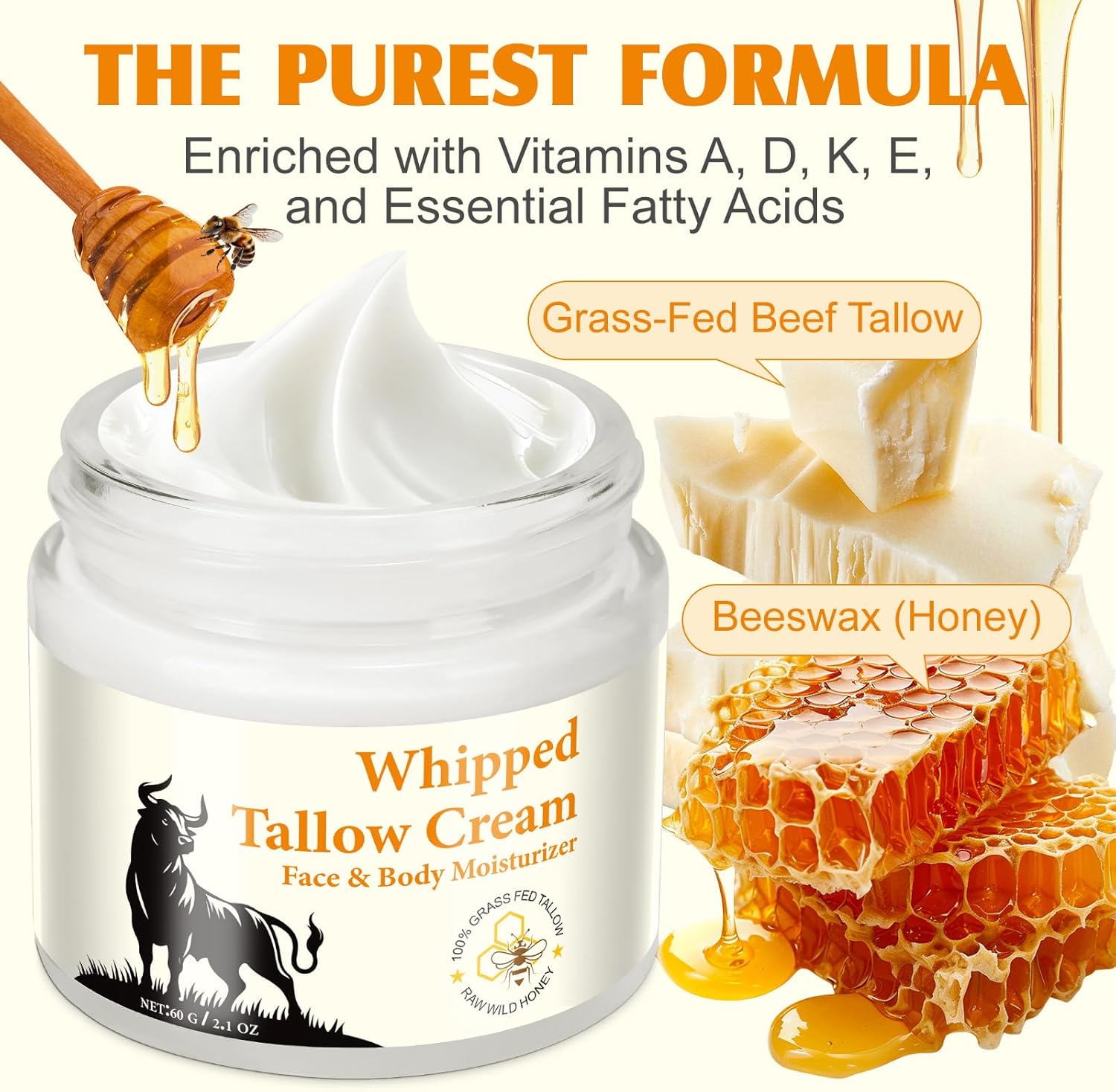 Beef Tallow and Honey Balm for Skin, All-Natural Moisturizer, Hydrating Tallow Balm with Raw Honey and Beeswax, Grass-Fed Beef Tallow & Raw Wild Honey Blend (Yellow, 60g) - OutsideCool