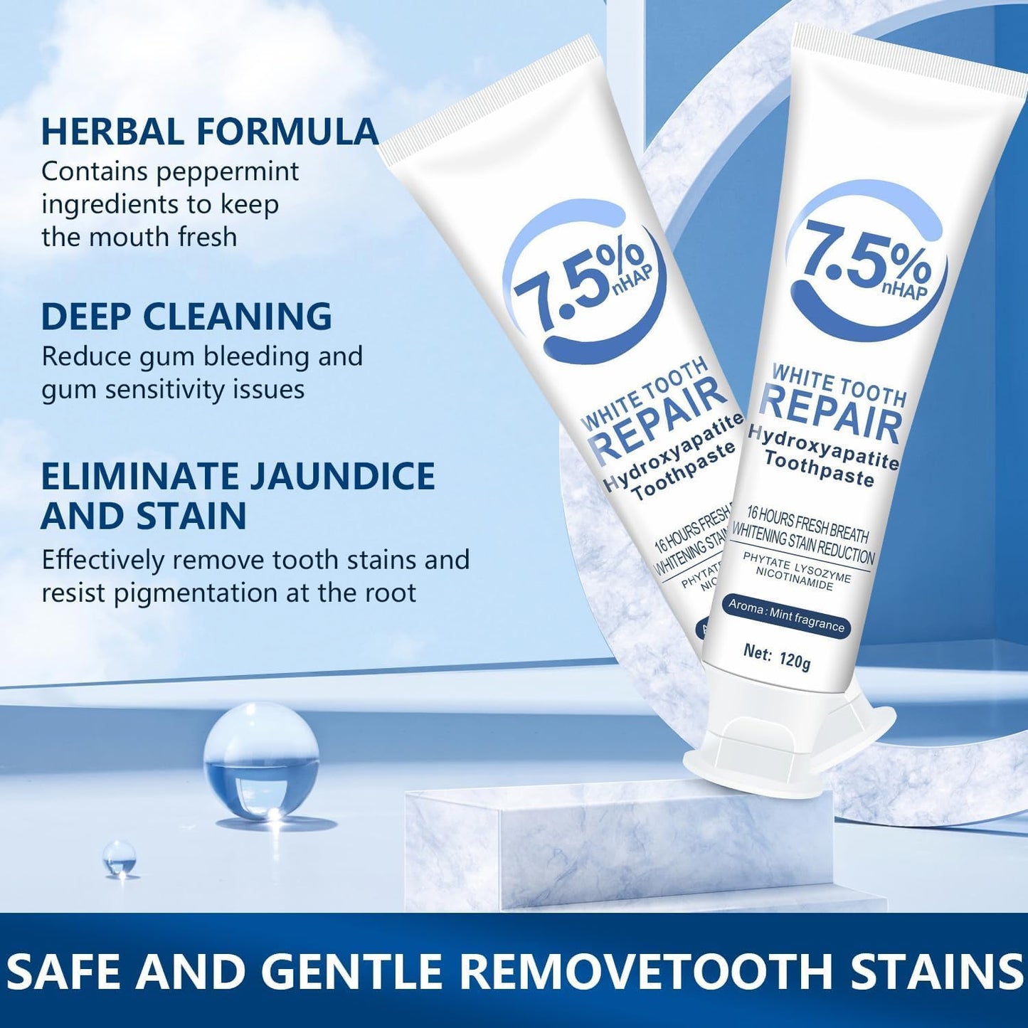 Hydroxyapatite Toothpaste 7.5%, Hydroxyapatite Toothpastes for Enamel Protection and Tooth Strengthening, Fluoride-Free Formula With Gentle Mint, Advanced Enamel Protection, For Sensitive Teeth, Daily Protection(2pcs) - OutsideCool