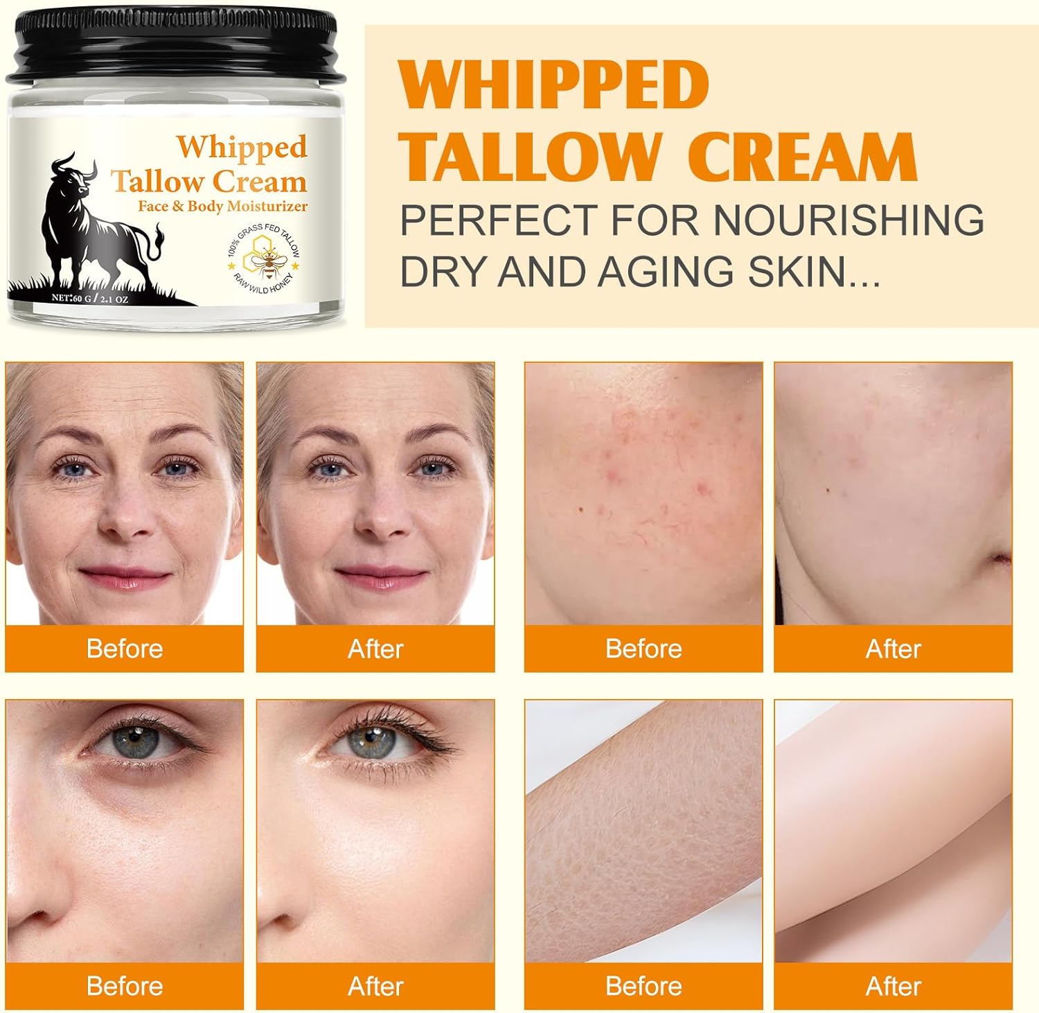 Beef Tallow and Honey Balm for Skin, All-Natural Moisturizer, Hydrating Tallow Balm with Raw Honey and Beeswax, Grass-Fed Beef Tallow & Raw Wild Honey Blend (Yellow, 60g) - OutsideCool