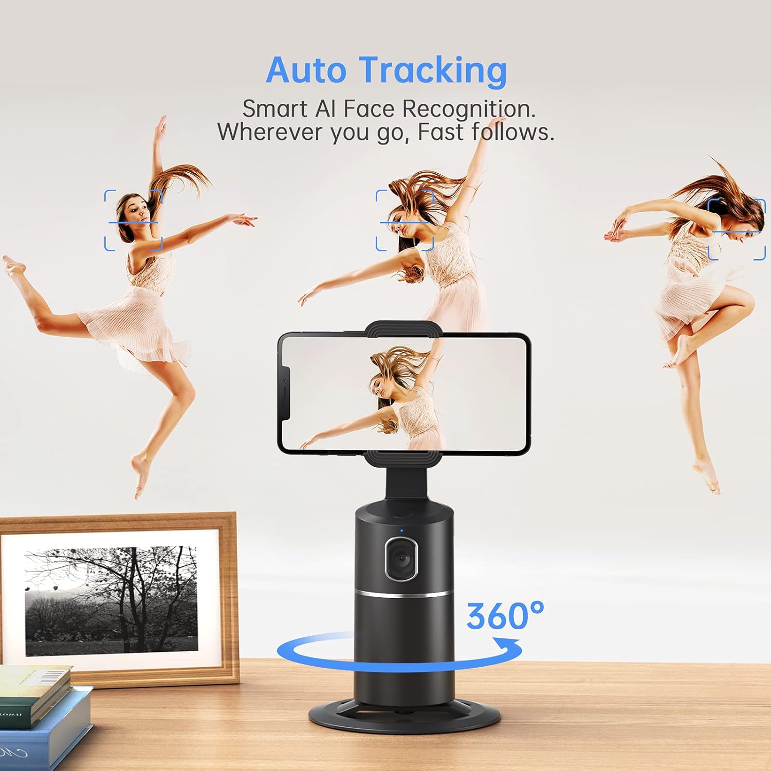 Auto Face Tracking Phone Holder, No App Required, 360° Rotation Face Body Phone Tracking Tripod Smart Shooting Camera Mount for Live Vlog Streaming Video, Rechargeable Battery-Black - OutsideCool