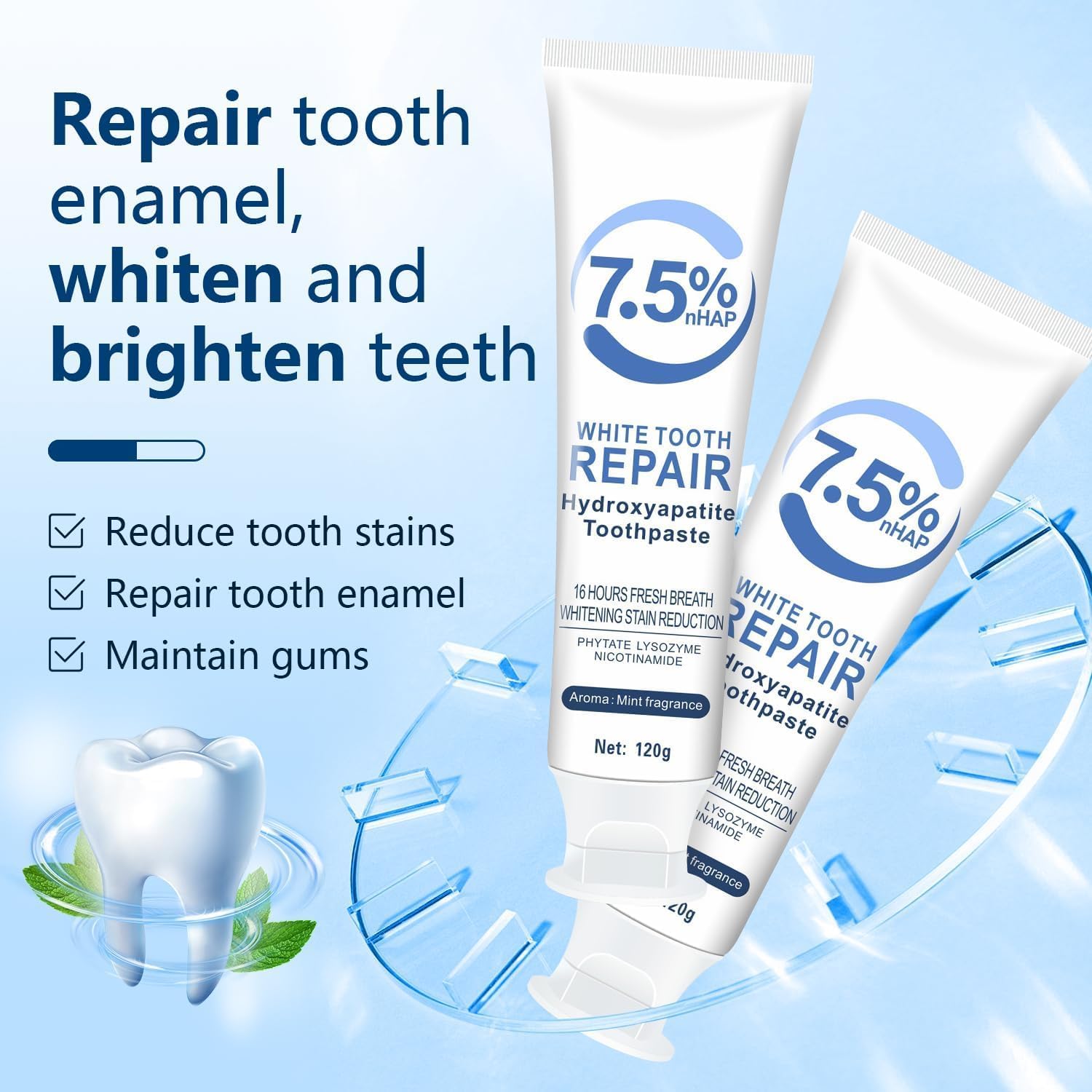 Hydroxyapatite Toothpaste 7.5%, Hydroxyapatite Toothpastes for Enamel Protection and Tooth Strengthening, Fluoride-Free Formula With Gentle Mint, Advanced Enamel Protection, For Sensitive Teeth, Daily Protection(2pcs) - OutsideCool