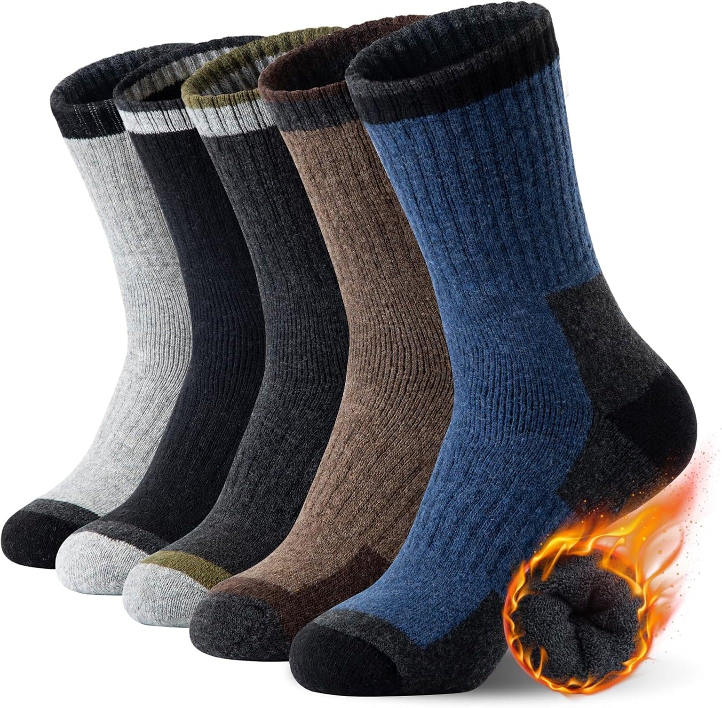 5 Pairs Mens Merino Wool Socks Thick Winter Hiking Socks Thermal Crew Socks - OutsideCool