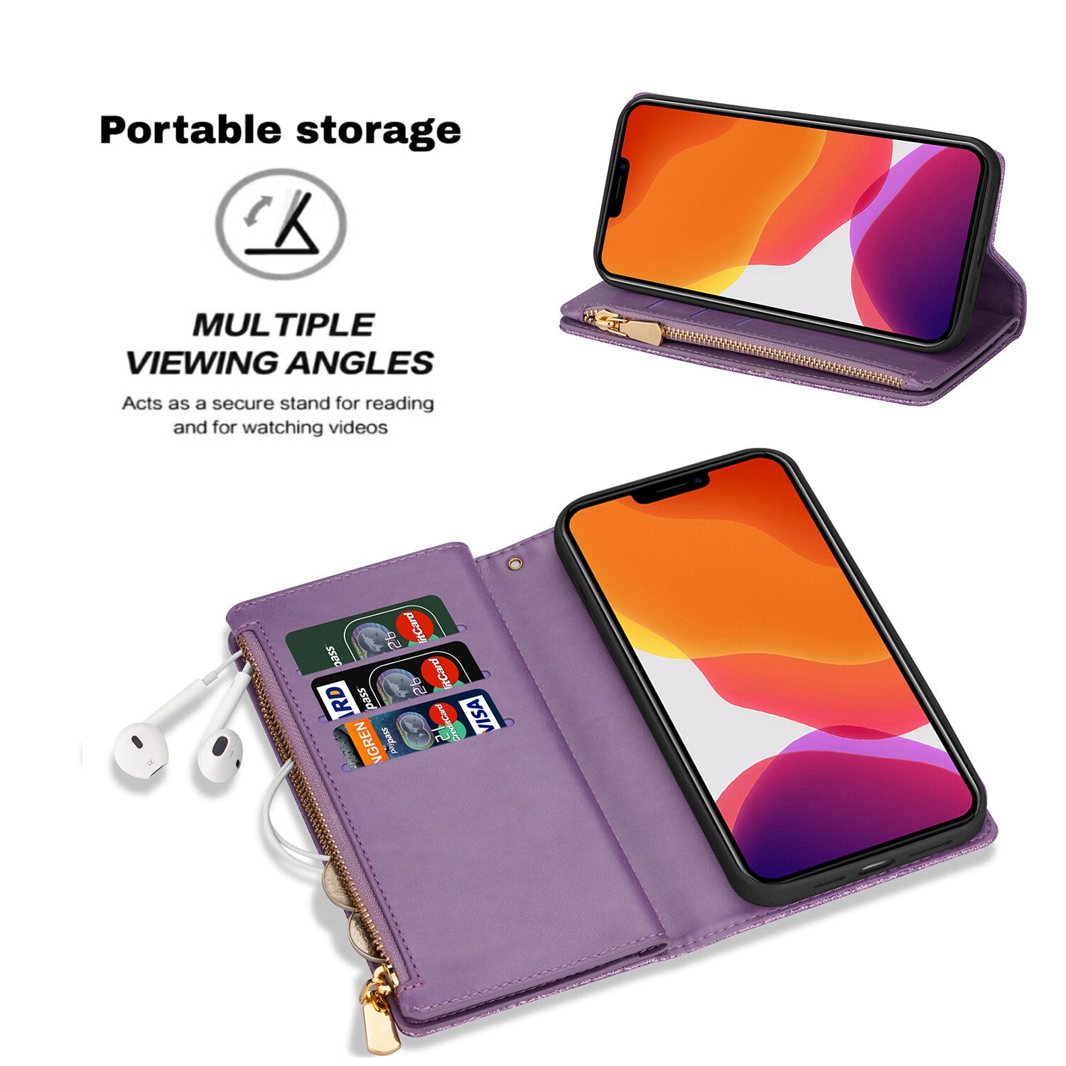 For iPhone 17 16 15 14 13 12 11 Pro Max 8 SE Plus Bling Glitters Zip Wallet Case - OutsideCool