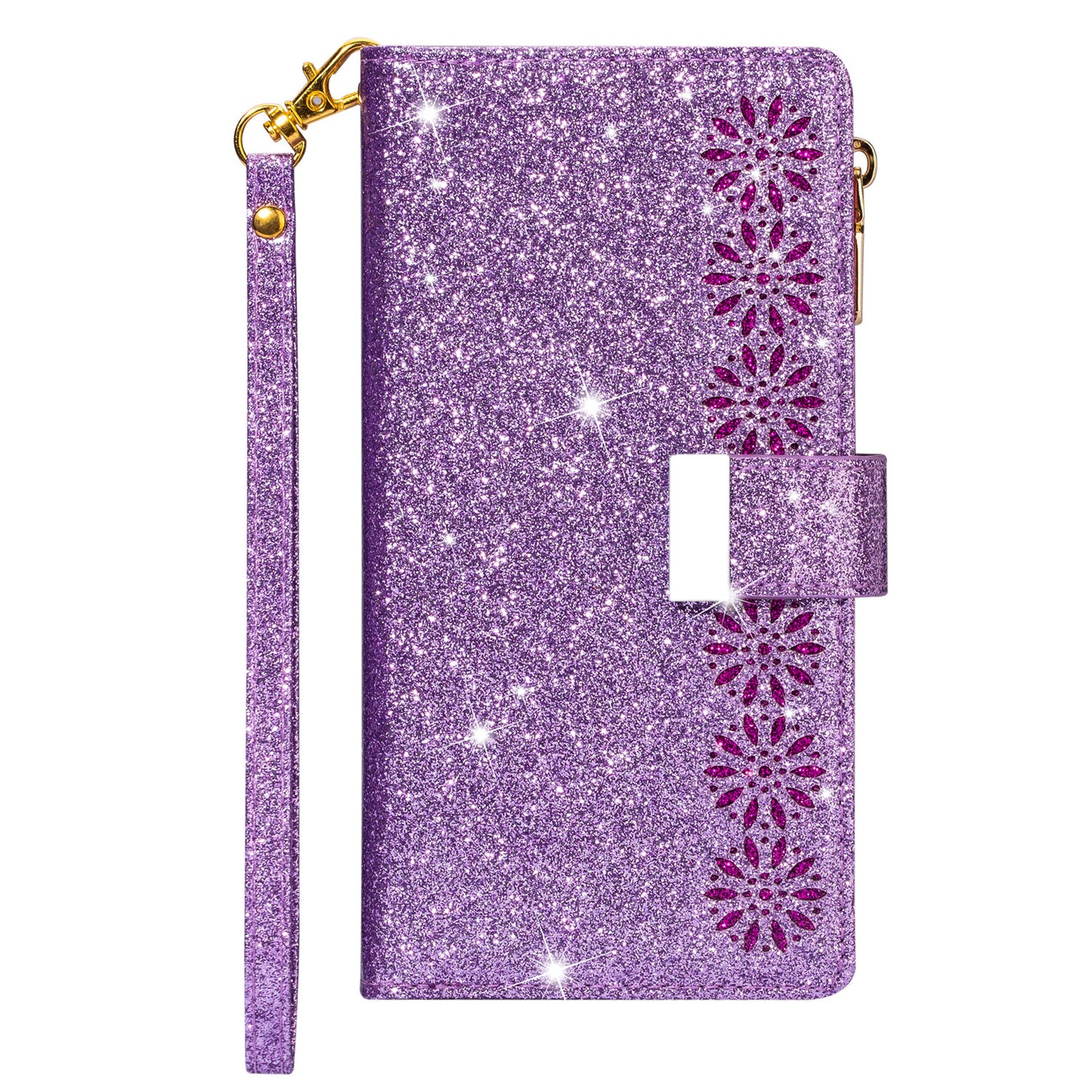 For iPhone 17 16 15 14 13 12 11 Pro Max 8 SE Plus Bling Glitters Zip Wallet Case - OutsideCool