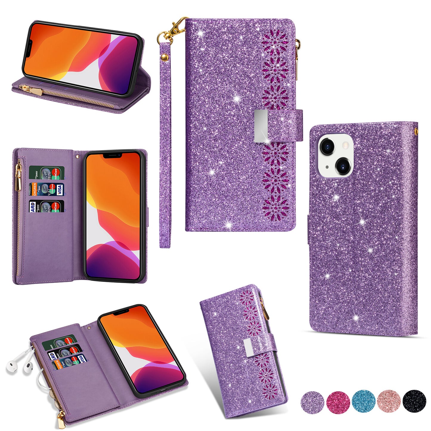 For iPhone 17 16 15 14 13 12 11 Pro Max 8 SE Plus Bling Glitters Zip Wallet Case - OutsideCool