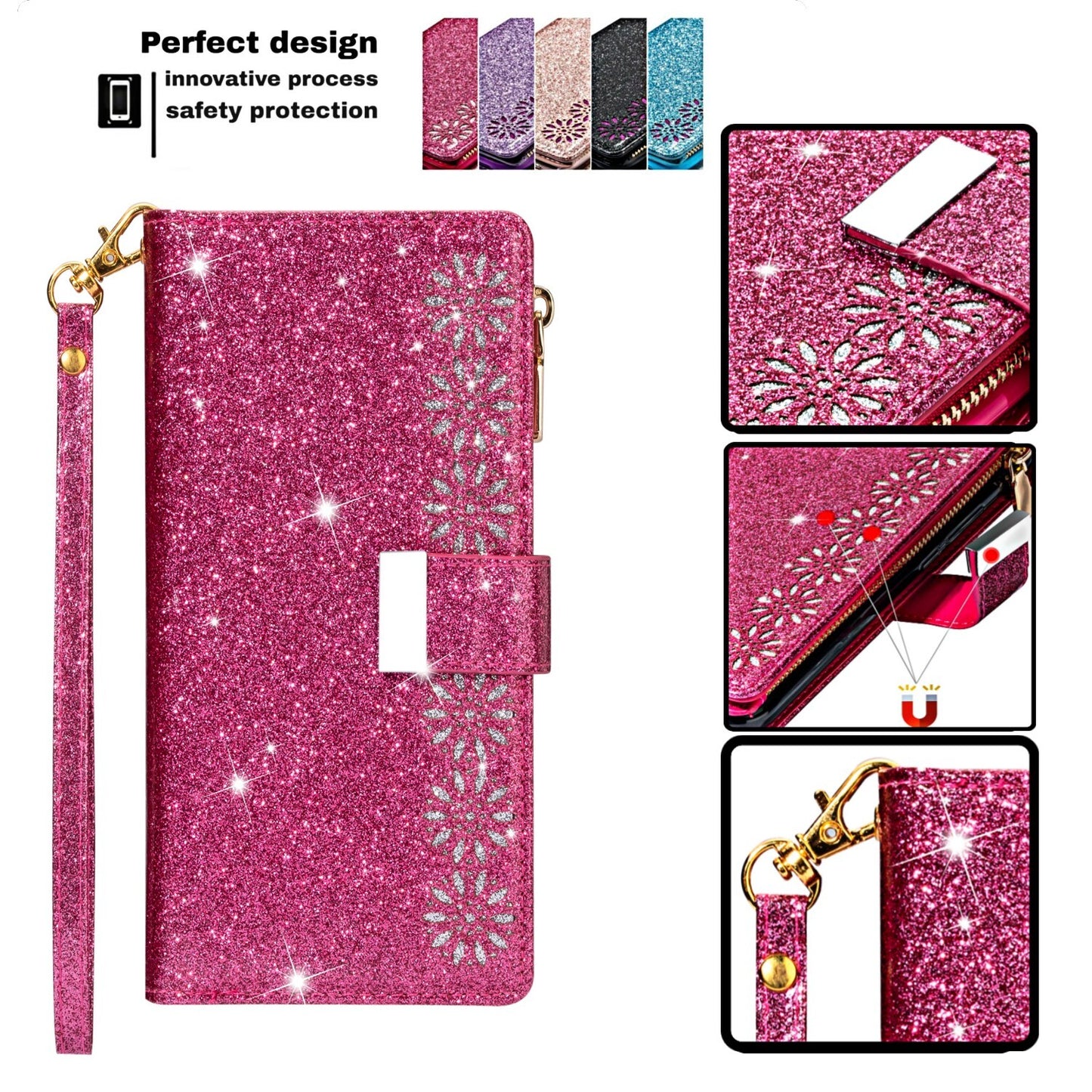For iPhone 17 16 15 14 13 12 11 Pro Max 8 SE Plus Bling Glitters Zip Wallet Case - OutsideCool