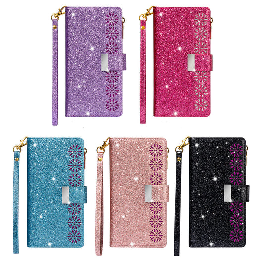 For iPhone 17 16 15 14 13 12 11 Pro Max 8 SE Plus Bling Glitters Zip Wallet Case - OutsideCool
